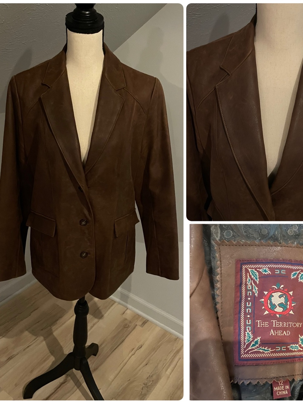 The Territory Ahead Brown Leather Blazer/Jacket Size 12 Lined 3 Button